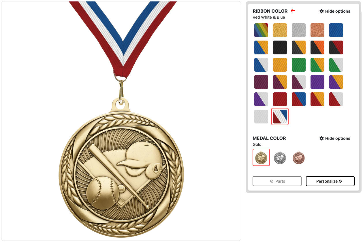 Awardily medal personalisation interface showing ribbon colour, medal colour options and personalise button